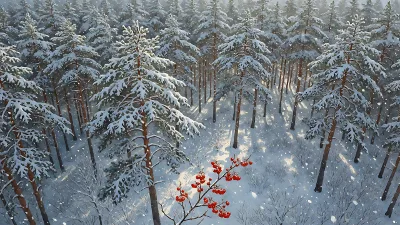Neuschnee im Kiefernwald