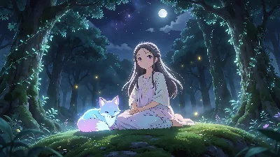 Aclare de bosque bajo la luna con chica y zorro