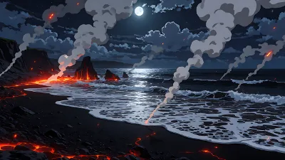 Schwarzes Glasstrand bei Lavahimmel