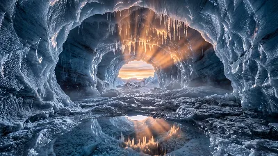 Entrée d'une caverne glaciaire au lever du soleil