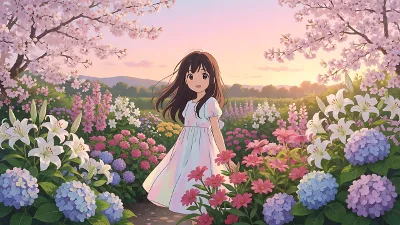 Amanecer radiante en el jardín con chica de anime
