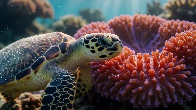 Macro Tortue près de Corail Champignon