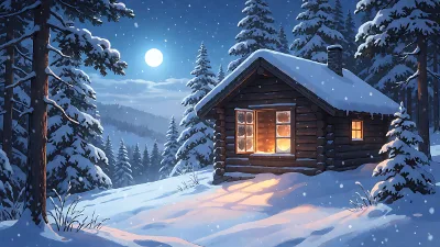 Hütte im Mondlicht im schneebedeckten Wald