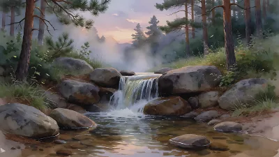 Dämmerung: Wasserfall im Kiefernwald