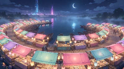 Mercado flotante bajo la luz de la luna