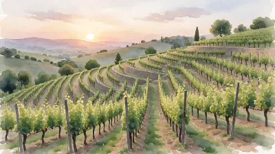 Sonnenuntergang im Weinberg: Wasserfarbe-Panorama