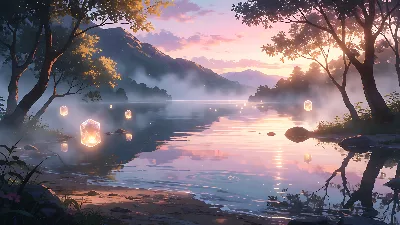 Amanecer sobre un lago místico luminoso