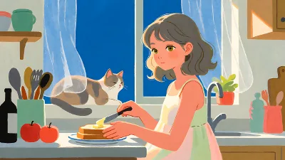 Küchenmorgen mit Butter und Katze