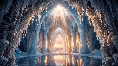 Lever du soleil dans une cathédrale de cristaux de glace