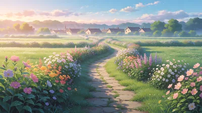 Morgenweg im blühenden Garten