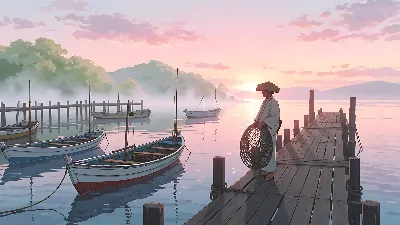Puerto al Amanecer con Pescadores Tranquilos