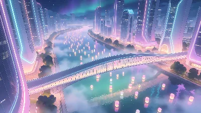 Ponte Celestial sobre Río de Neón
