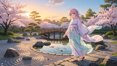 Jardín Zen al Amanecer con Chica Anime