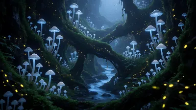 Pilzhöhle mit biolumineszierender Lichtspielerei