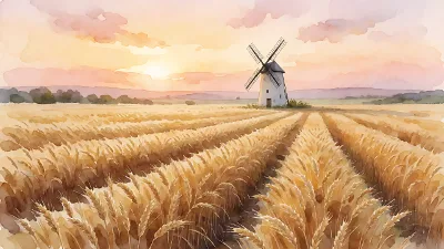 Goldener Erntewindmühle bei Dämmerung