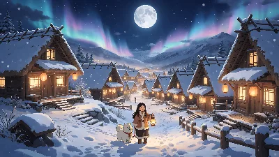Pueblo nevado bajo la luna con niña y perro