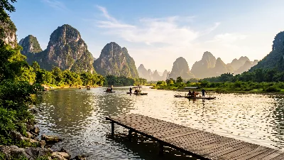 Sunlit Karst Peaks over Guilin River