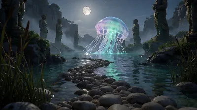 Medusas luminosas sobre laguna iluminada