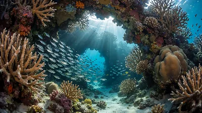 Arc Solaire à Travers des Piliers de Corail