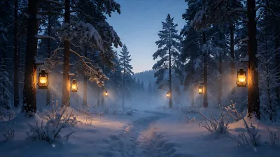 Laternenleuchtende Waldlichtung in der Dämmerung