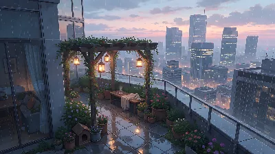 Jardín en Azotea Lluvioso al Atardecer