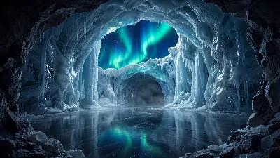 Tunnel de glace éclairé par l'aurore