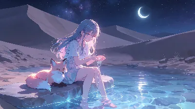 Oasis desértico estrellado con niña y zorro