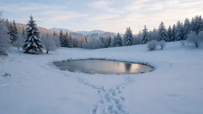 Schneebedeckte Wiese mit eingefrorener Pfütze