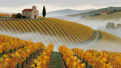 Herbstliche Weinreihen im Nebel
