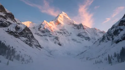 Sonnenaufgang über schneebedecktem Berggipfel