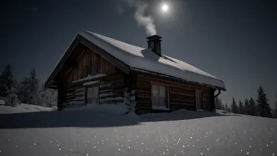 Schneebedeckte Hütte im Mondlicht