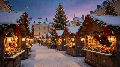 Glitzernder Weihnachtsmarkt bei Dämmerung