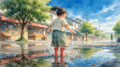 Kleine Kinder im roten Gummistiefel springen in Pfützen