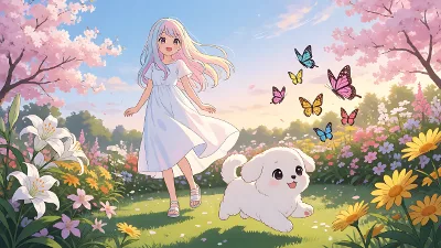 Juego matutino en el jardín con chica anime y cachorro