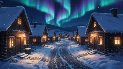 Aurora über dem verschneiten Dorf