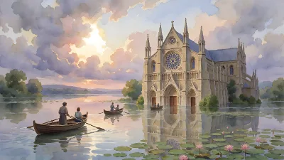 Versunkener Kathedrallen-Insel bei Wasser