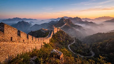 Sunlit Great Wall Over Misty Peaks