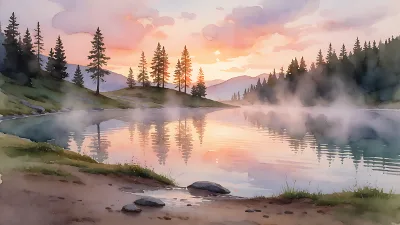 Nebeliger Sonnenaufgang über einem Alpensee