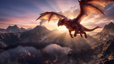 Dragon Crimé d'Aube sur Lac Volcanique