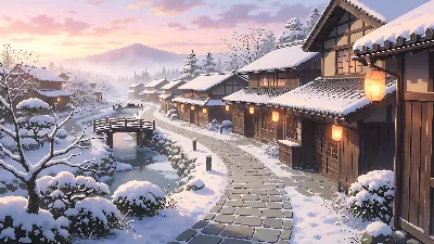 Amanecer sobre aldea nevada