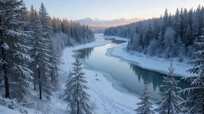 Gefrorener Fluss durch flüsternde Kiefern